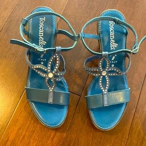 Blue wedge sandals.